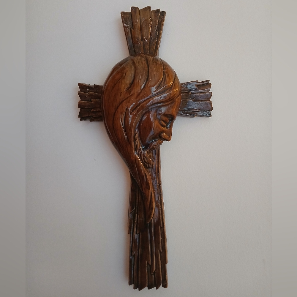 Vtg 19" Handmade Pottery Clay Cross w/ Side Profile of Jesus - Picture 2 of 16